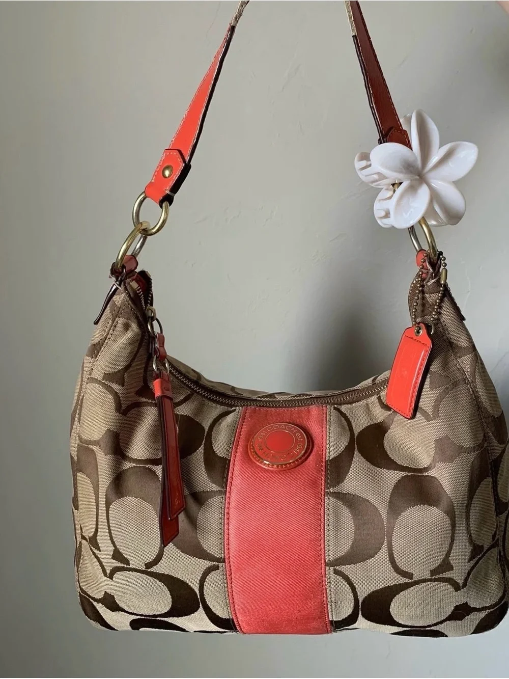 Coach Khaki Canvas Hobo with Coral Leather Accents